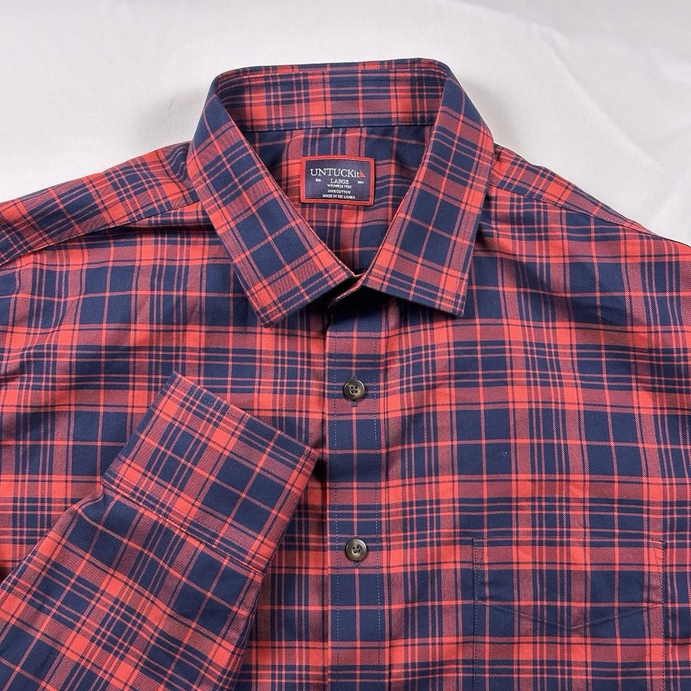 UNTUCKit Men's Shirt L Button Up Red & Black Plaid Long Sleeve 100% Cotton